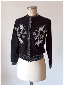 1950s - JINCHI - Stunning Black Beaded Wool Cardigan - Sz 36