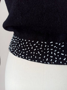 1950s - JINCHI - Stunning Black Beaded Wool Cardigan - Sz 36