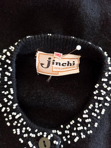 1950s - JINCHI - Stunning Black Beaded Wool Cardigan - Sz 36