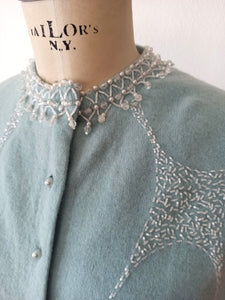1950s - Adorable Blue Beaded Angora Wool Cardigan