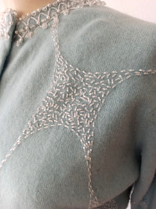 1950s - Adorable Blue Beaded Angora Wool Cardigan