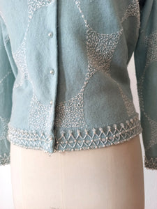 1950s - Adorable Blue Beaded Angora Wool Cardigan