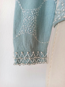 1950s - Adorable Blue Beaded Angora Wool Cardigan