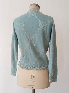 1950s - Adorable Blue Beaded Angora Wool Cardigan