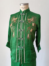 Load image into Gallery viewer, 1940s 1950s - Exquisite 3pc Green Liquid Silk Chinese Pajama

