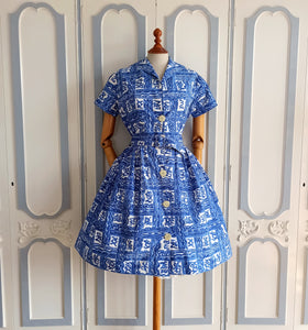 1950s 1960s - Adorable Blue Print Day Dress - W27.5 (70cm)