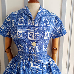 1950s 1960s - Adorable Blue Print Day Dress - W27.5 (70cm)