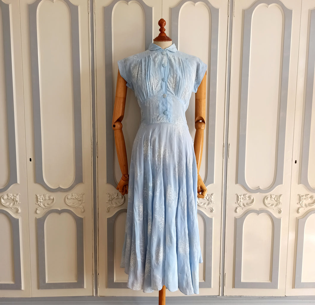 1930s - Exquisite Blue Floral Peter Pan Collar Dress - W27 (68cm)