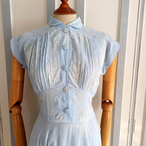 1930s - Exquisite Blue Floral Peter Pan Collar Dress - W27 (68cm)
