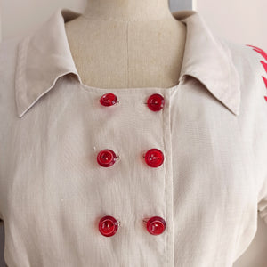 1940s - Gorgeous Red Embroidery Linen Dress - W26/27 (66/68cm)