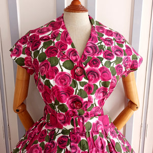 1950s - ASTOR, France - Outstanding Rose Print Dress - W30 (76cm)