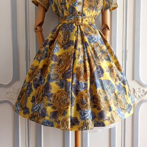 1950s 1960s - Gorgeous Yellow Gold Rosesprint Dress - W28 (72cm)