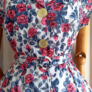 1950s 1960s - Gorgeous Parisien Roseprint Belted Dress - W27.5 (70cm)