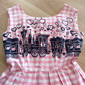 1950s 1960s - Confezione di Lusso - Ultrarare Hearts Train Print Cotton Dress - W29 (74cm)