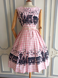 1950s 1960s - Confezione di Lusso - Ultrarare Hearts Train Print Cotton Dress - W29 (74cm)