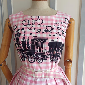 1950s 1960s - Confezione di Lusso - Ultrarare Hearts Train Print Cotton Dress - W29 (74cm)