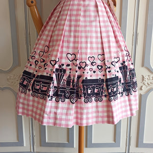 1950s 1960s - Confezione di Lusso - Ultrarare Hearts Train Print Cotton Dress - W29 (74cm)