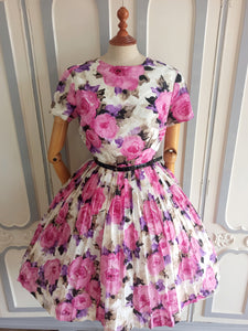1950s 1960s - TREVIRA, Berlin - Stunning Roseprint Dress - W27.5 (70cm)