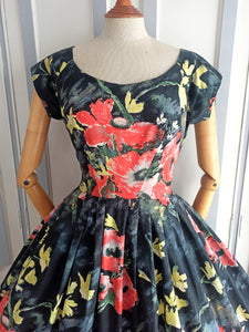 1950s - Stunning Hand Painted Black Floral Dress - W27.5 (70cm)