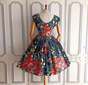 1950s - Stunning Hand Painted Black Floral Dress - W27.5 (70cm)