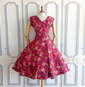 1950s - Stunning Abstract Floral Satin Dress - W29 (74cm)