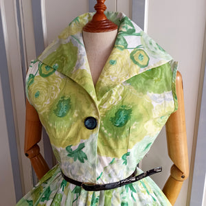 1950s - Spectacular Green Floral Cotton Dress - W27 (68cm)