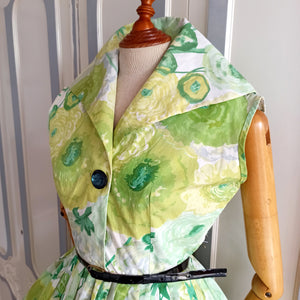 1950s - Spectacular Green Floral Cotton Dress - W27 (68cm)