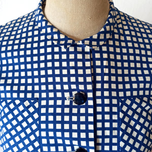 1950s - Lovely Buckle Back Blue White Cotton Dress - W28 (72cm)