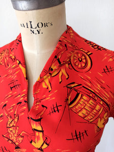 1950s - BOBBIE LOU, USA - Asian Novelty Print Rayon Top