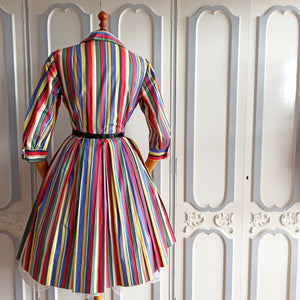 1950s - Stunning Rainbow Autumn Cotton Dress - W28 (72cm)