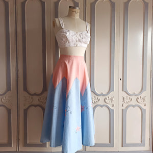 1940s - Unique Pink & Blue Embroidery Linen Skirt - W29 (74cm)