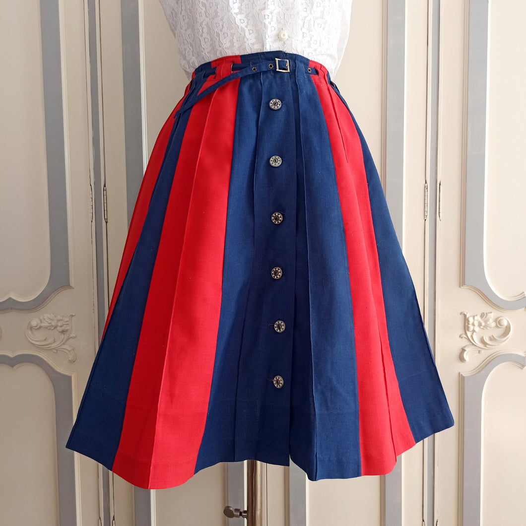 1960s - La Jupe Eve's, France - Navy Red Belted Cotton Skirt - W27 (68cm)