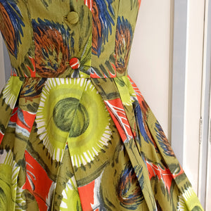 1950s - De Giorgi, Milano - Stunning Kiwi Abstract Print Bolero Dress - W27.5 (70cm)