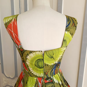 1950s - De Giorgi, Milano - Stunning Kiwi Abstract Print Bolero Dress - W27.5 (70cm)