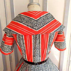 1950s - Stunning Red Shawl Collar Cotton Dress - W28.5 (72cm)
