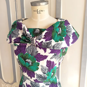 1950s - Gorgeous Purple Floral Shawl Collar Dress - W30 (76cm)