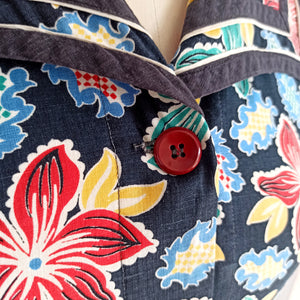 1940s - Colorful Floral Print Big Pockets Cotton Dress - W27 (68cm)