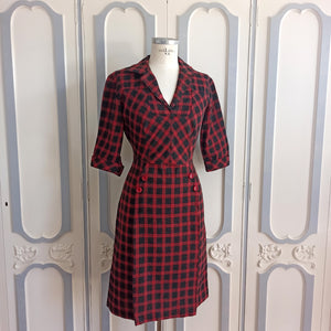 1950s - Lovely Red & Black Tartan Wool Pencil Dress - W29 (74cm)