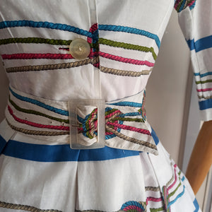 1950s - Elegant Novelty Rope Knots Print Cotton Dress - W25 (64cm)