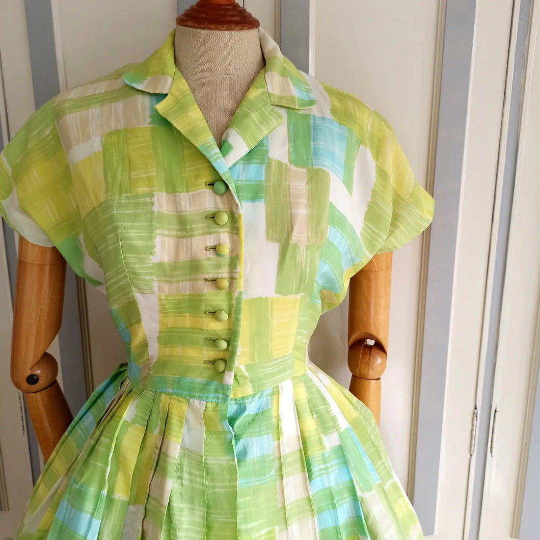 1950s - SYD, Chicago - Gorgeous Green Abstract Dress - W26 (66cm)