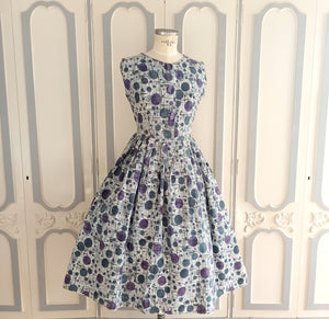 1950s - Gorgeous Purple Abstract Atomic Print Cotton Dress - W32 (82cm)