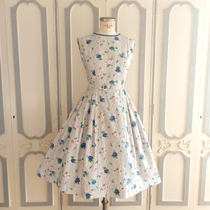 1950s - Adorable Roseprint Stripes Cotton Dress - W27 (68cm)