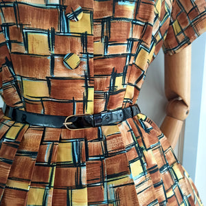 1950s 1960s - Gorgeous Brown Abstract Cotton Dress - W31.5 (80cm)