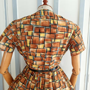1950s 1960s - Gorgeous Brown Abstract Cotton Dress - W31.5 (80cm)