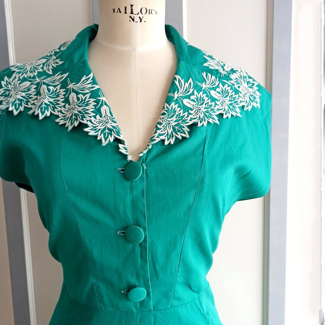1950s - Gorgeous Green Pockets Cotton Dress - W31.5 (80cm)