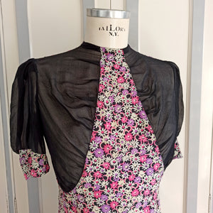 1930s - Stunning Purple Floral Puff Shoulders Silk Dress  - W32 (82cm)