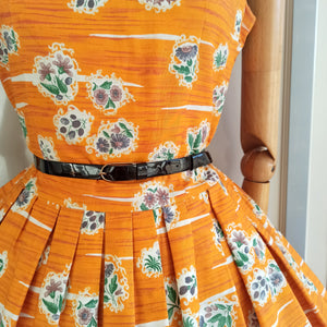 1950s - Spectacular Orange Floral Cotton Dress - W29 (74cm)