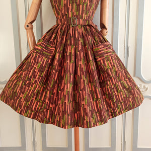 1950s 1960s - Fabulous Abstract Pockets Belted Dress - W28 (72cm)
