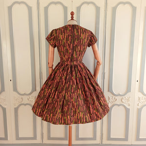 1950s 1960s - Fabulous Abstract Pockets Belted Dress - W28 (72cm)