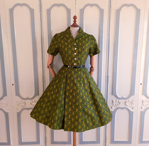 1950s 1960s - Gorgeous Abstract Green Purple Cotton Dress - W28 (72cm)